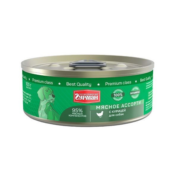 Консервы для собак ЧЕТВЕРНОГИЙ ГУРМАН Мясное ассорти Курица 100 г