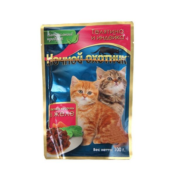 Пауч для кошек Ночной охотник д/КОТЯТ Телятина/индейка в желе 100гр х 24 шт.