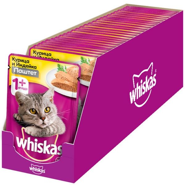 Влажный корм для кошек Whiskas паштет из курицы с индейкой, 24 шт по 85г