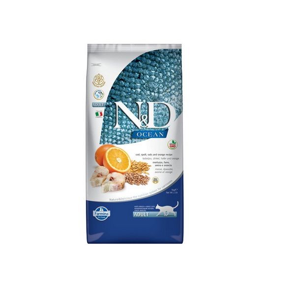 Сухой корм для кошек всех пород FARMINA N&D Adult Cat Ocean Codfish Spelt Oats&Orange Треска Спельта Овес Апельсин 5 кг