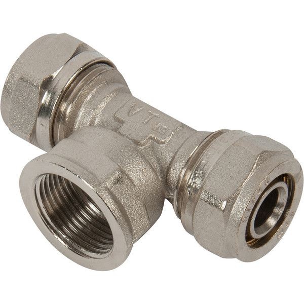 Тройник обжимной Valtec, внутренняя резьба, 20х3/4 "34; мм, никелированная латунь VTm.332.N.200520