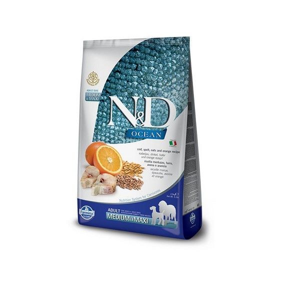 Сухой корм для собак средних и крупных пород FARMINA N&D Ocean Dog Codfish Spelt Oats&Orange Adult Medium&Maxi Треска Спельта Овес Апельсин 12 кг