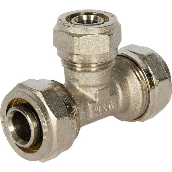 Тройник обжимной Valtec, 26x20x26 мм, никелированная латунь VTm.331.N.262026
