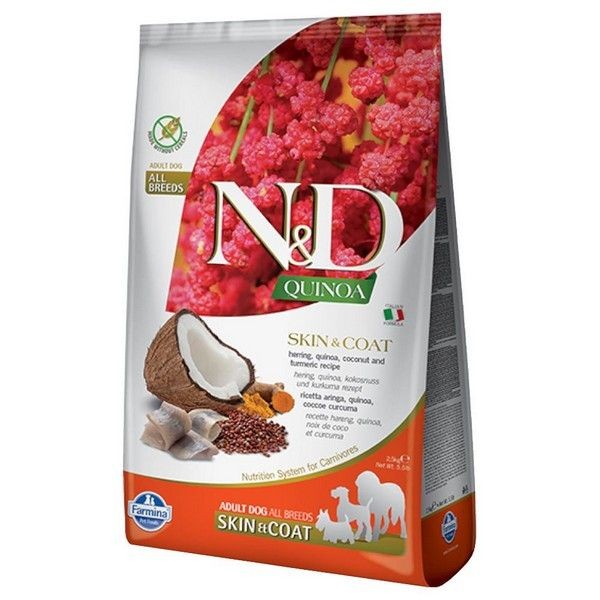 Сухой корм для собак для здоровья кожи и шерсти FARMINA N&D Dog Quinoa Skin Coat Herring&Coconut беззерновой Сельдь Киноа Кокос 2.5 кг