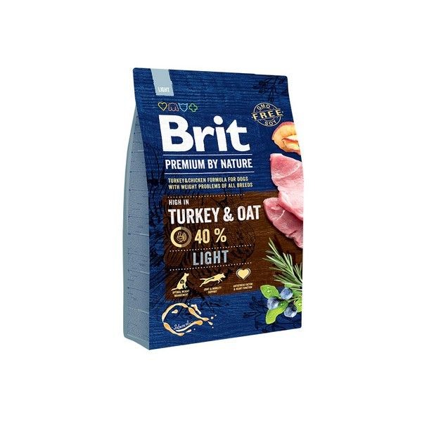 Сухой корм для собак всех пород склонных к полноте BRIT Premium by Nature Light Индейка Овес 3 кг