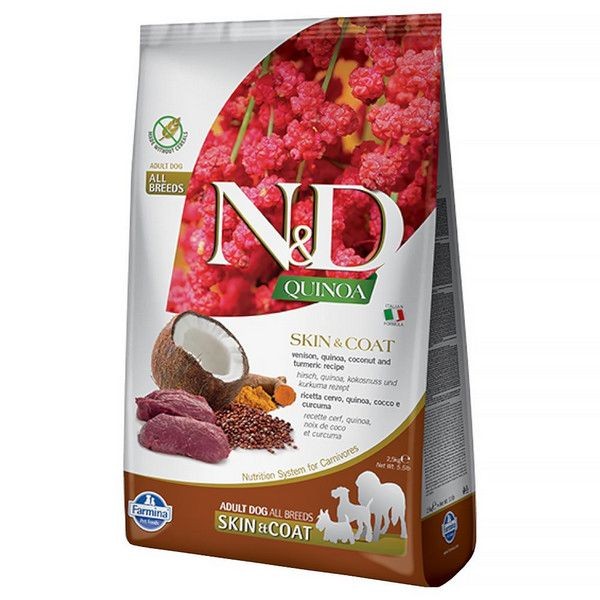 Сухой корм для собак для здоровья кожи и шерсти FARMINA N&D Dog GF Quinoa Skin Coat Venison&Coconut беззерновой Оленина Киноа Кокос 7 кг